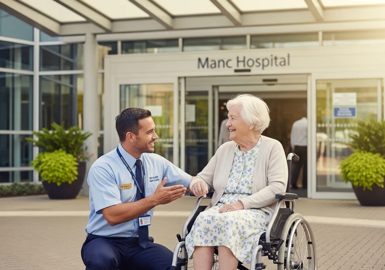 Attendant greeting an elderly woman in a wheelchair at a hospital entrance