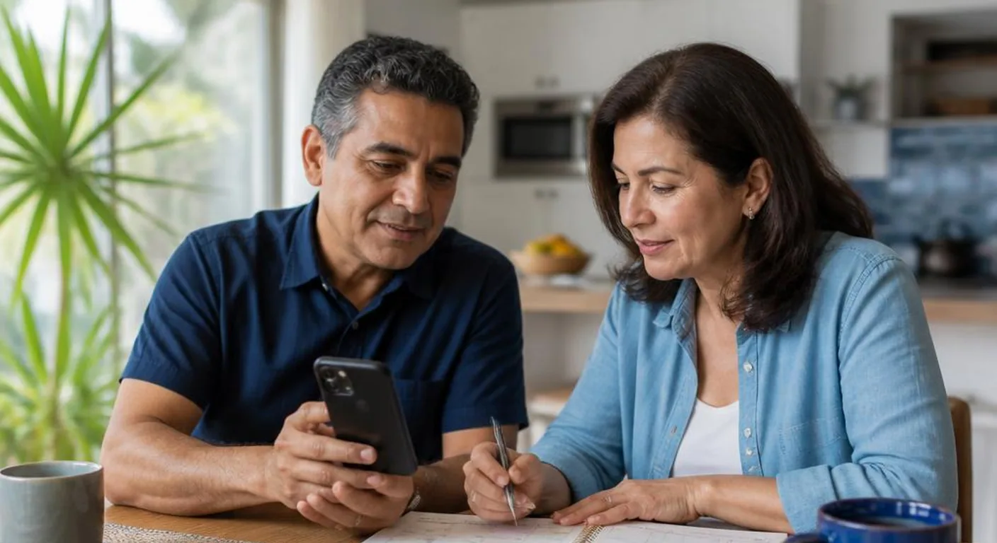 Patient and caregiver reviewing a transportation plan at home before treatment