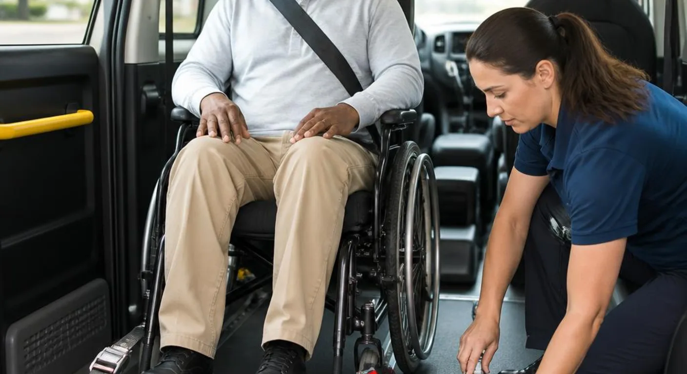 Passenger using a wheelchair-accessible medical transportation vehicle