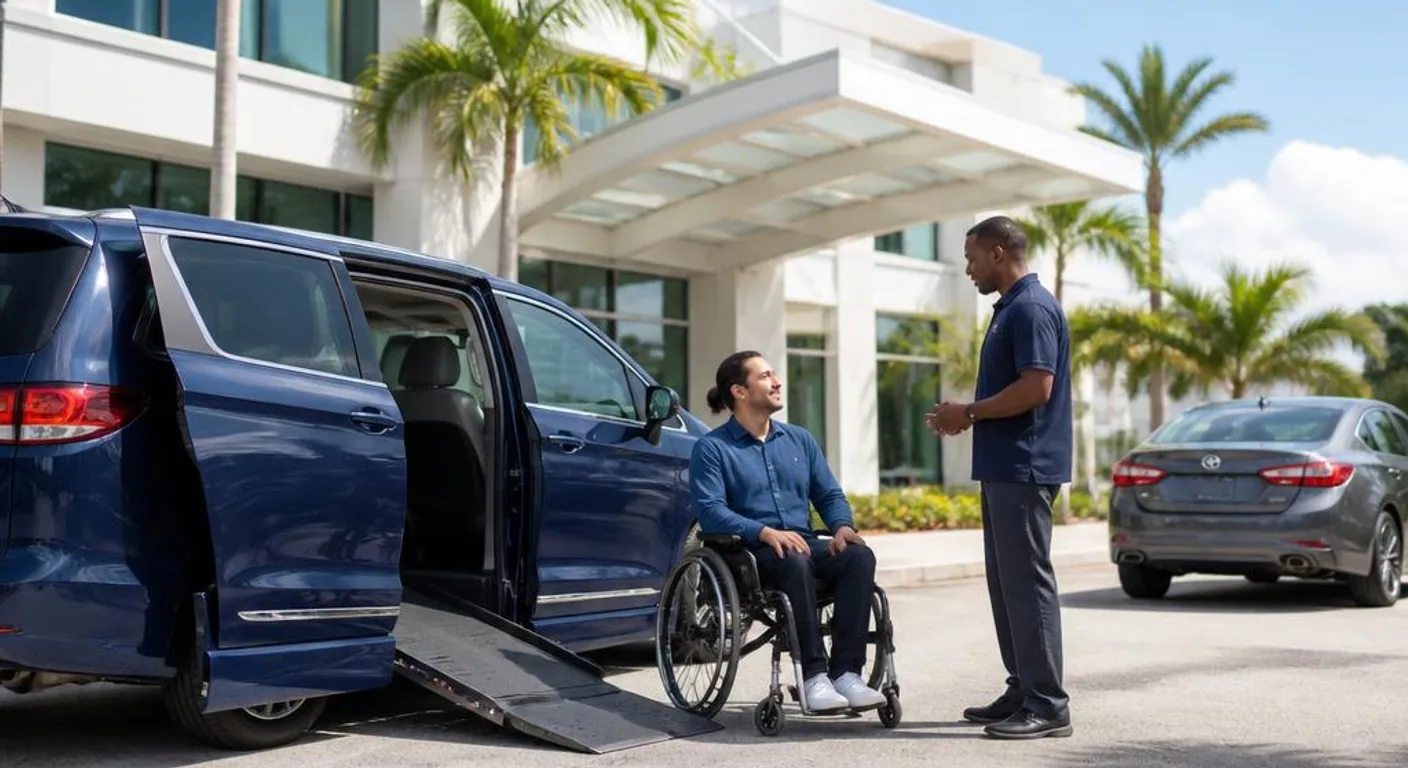 Wheelchair passenger meeting a driver beside an accessible van, with a sedan nearby