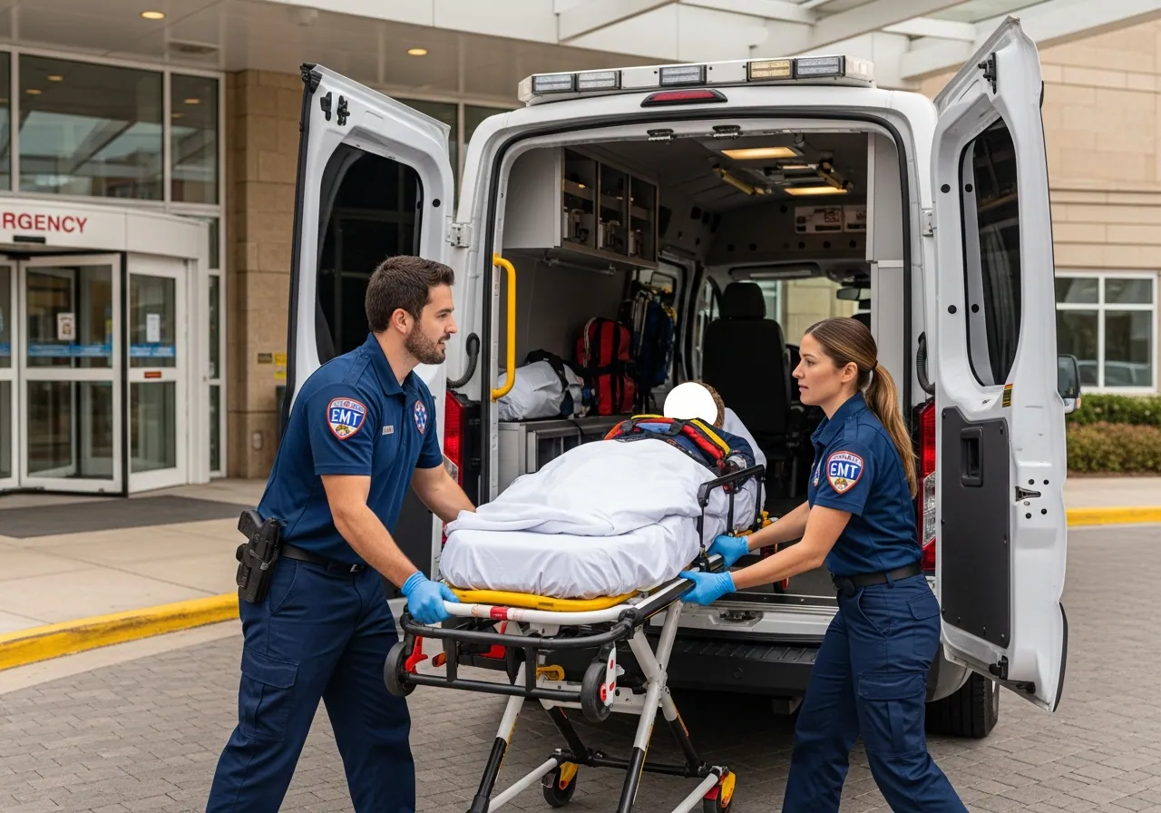 Two EMTs loading a patient on a stretcher into a white transport van at a hospital entrance