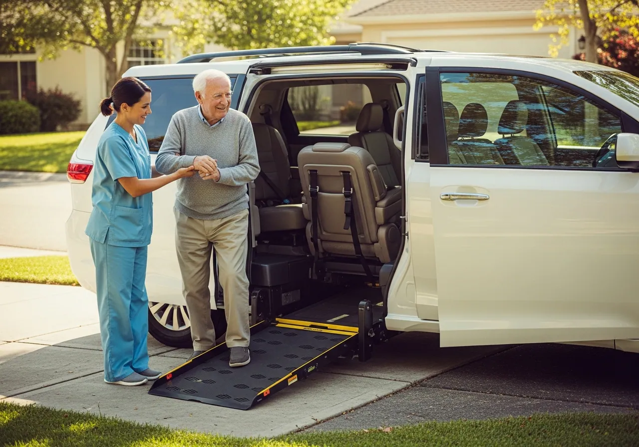 Nurse in scrubs helping an elderly man at the wheelchair ramp of a white minivan