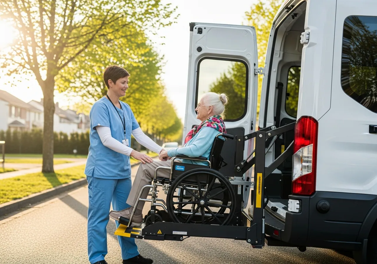 Nurse helping an elderly woman in a wheelchair onto the rear lift of a van