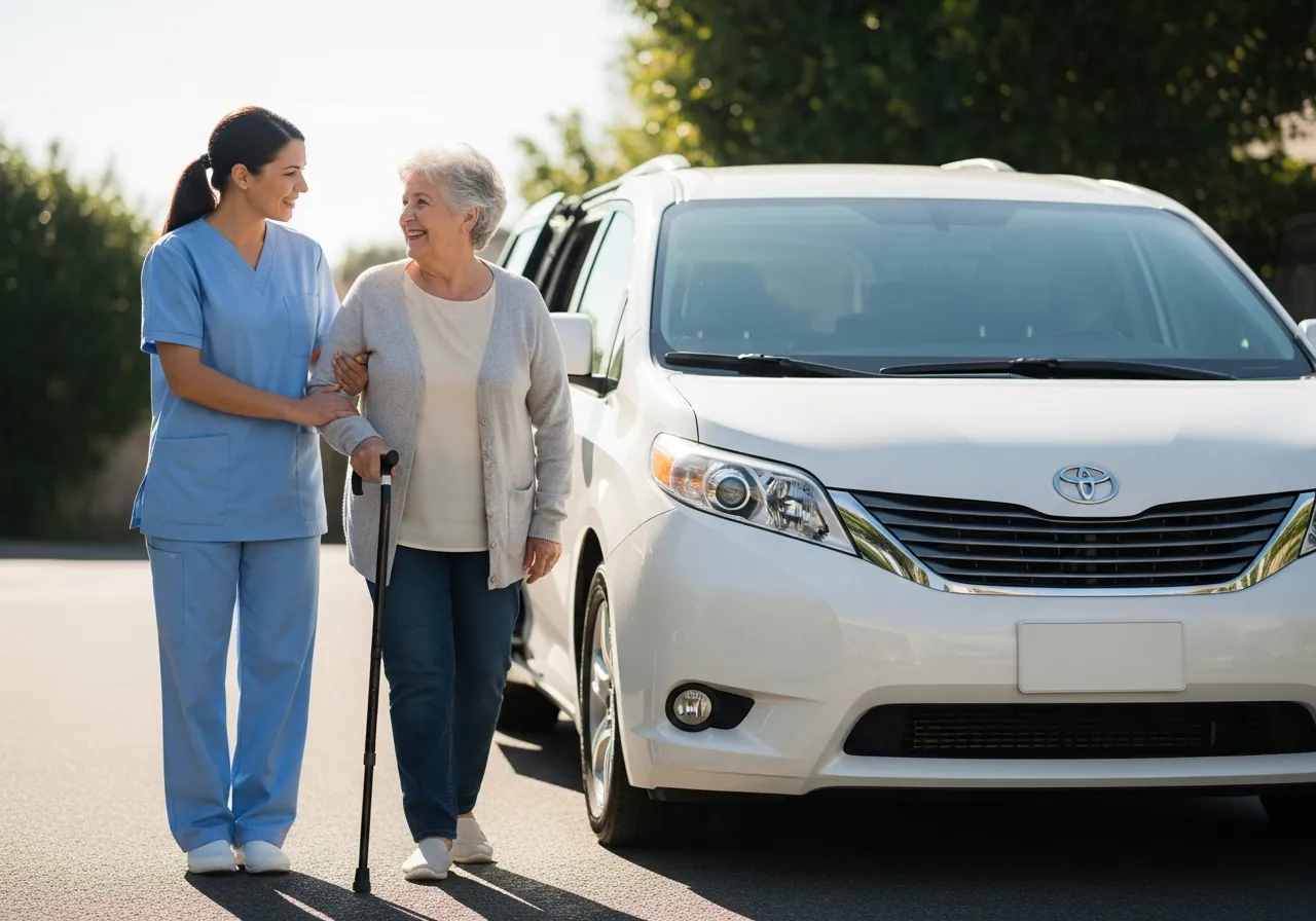 Nurse walking an elderly woman with a cane to a white minivan