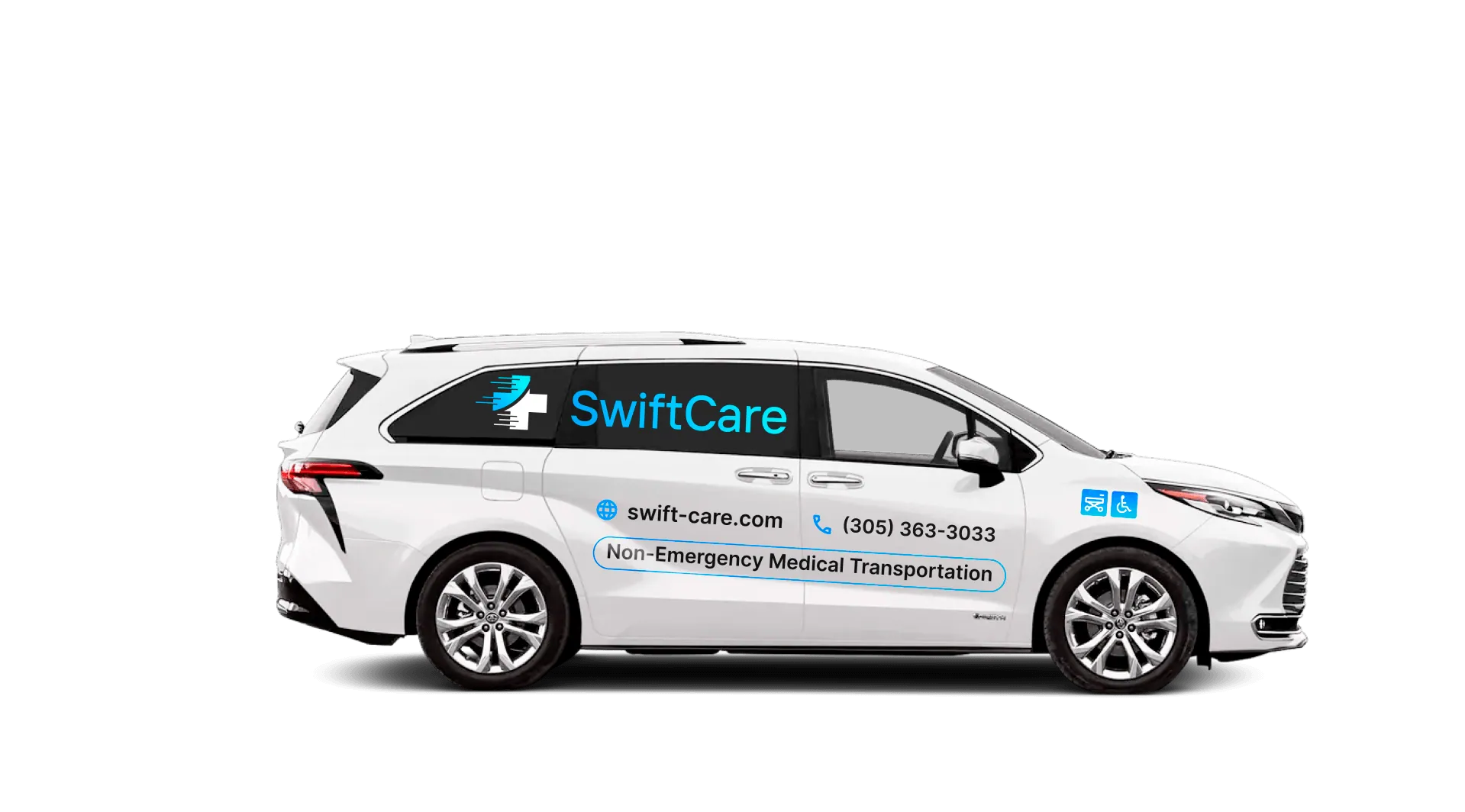 Side view of a white Swift Care non-emergency medical transportation minivan