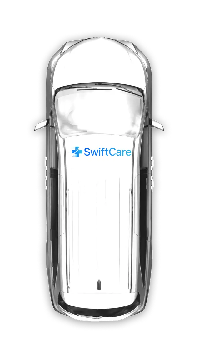 Top-down view of a white Swift Care medical transportation minivan