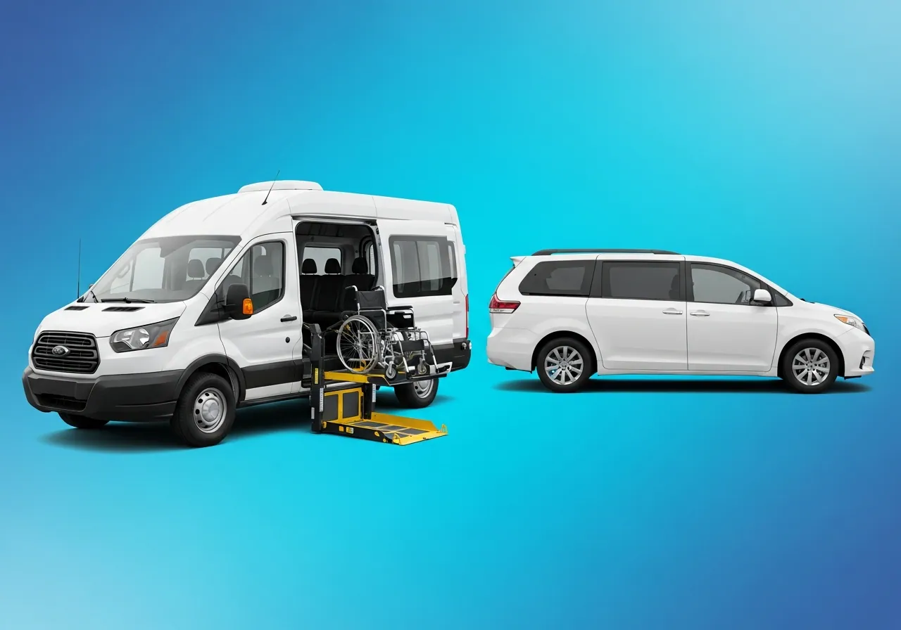 White van with a wheelchair lift and a white minivan parked side by side