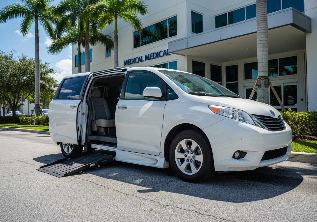 White minivan with its wheelchair ramp lowered outside a medical building with palm trees