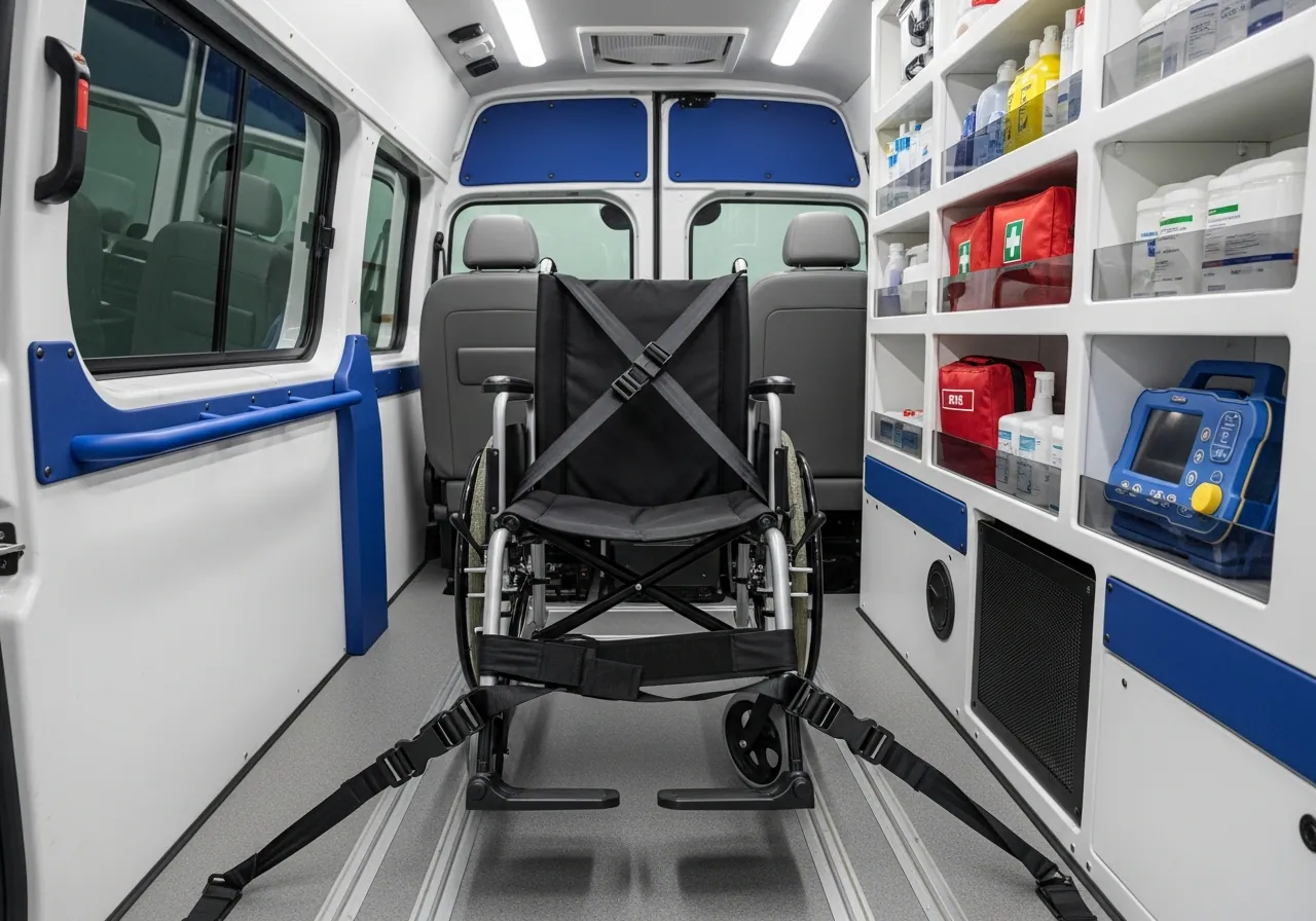 Wheelchair secured with tie-down straps inside a transport van