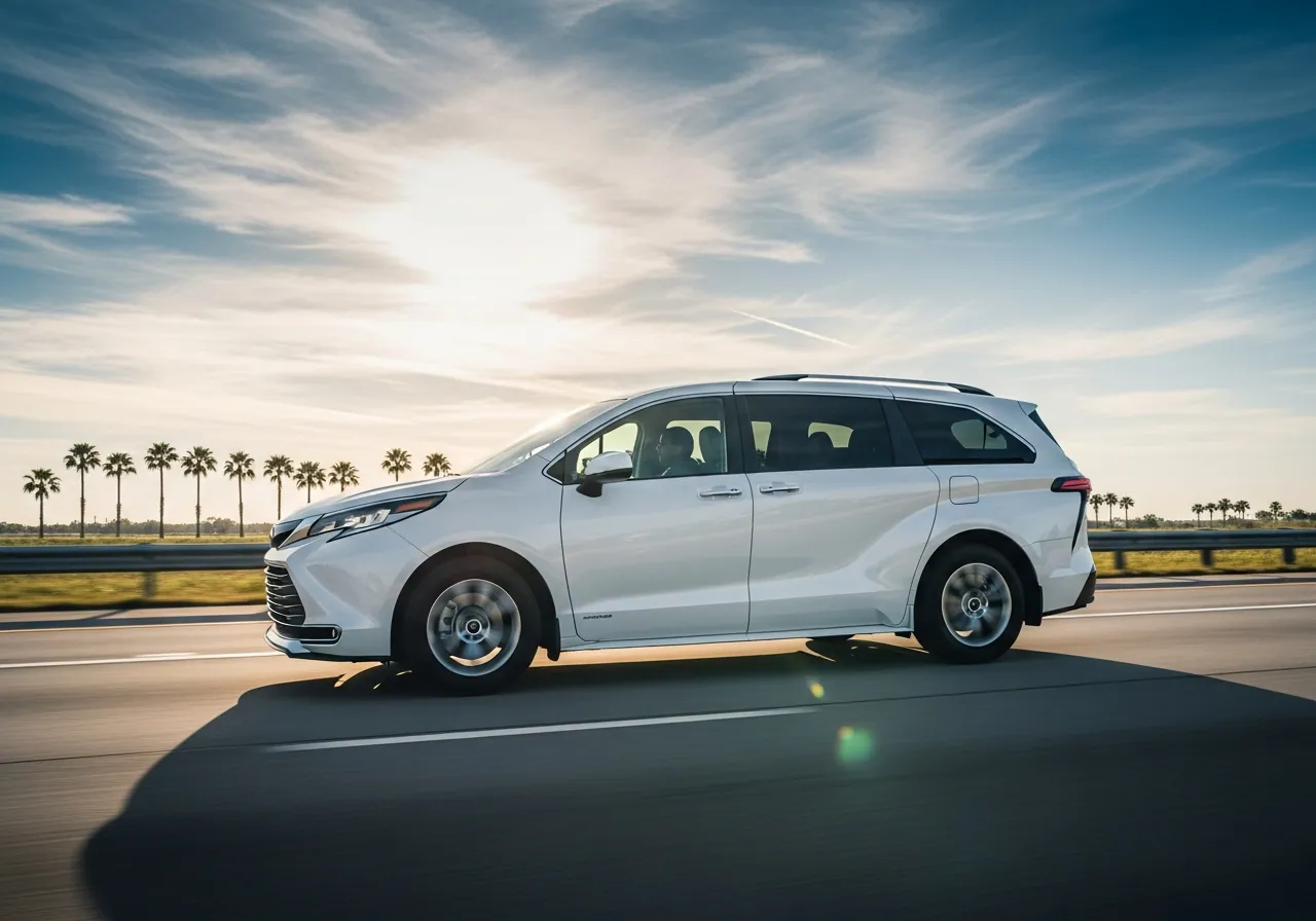 White minivan driving along a palm-lined Florida highway at sunset
