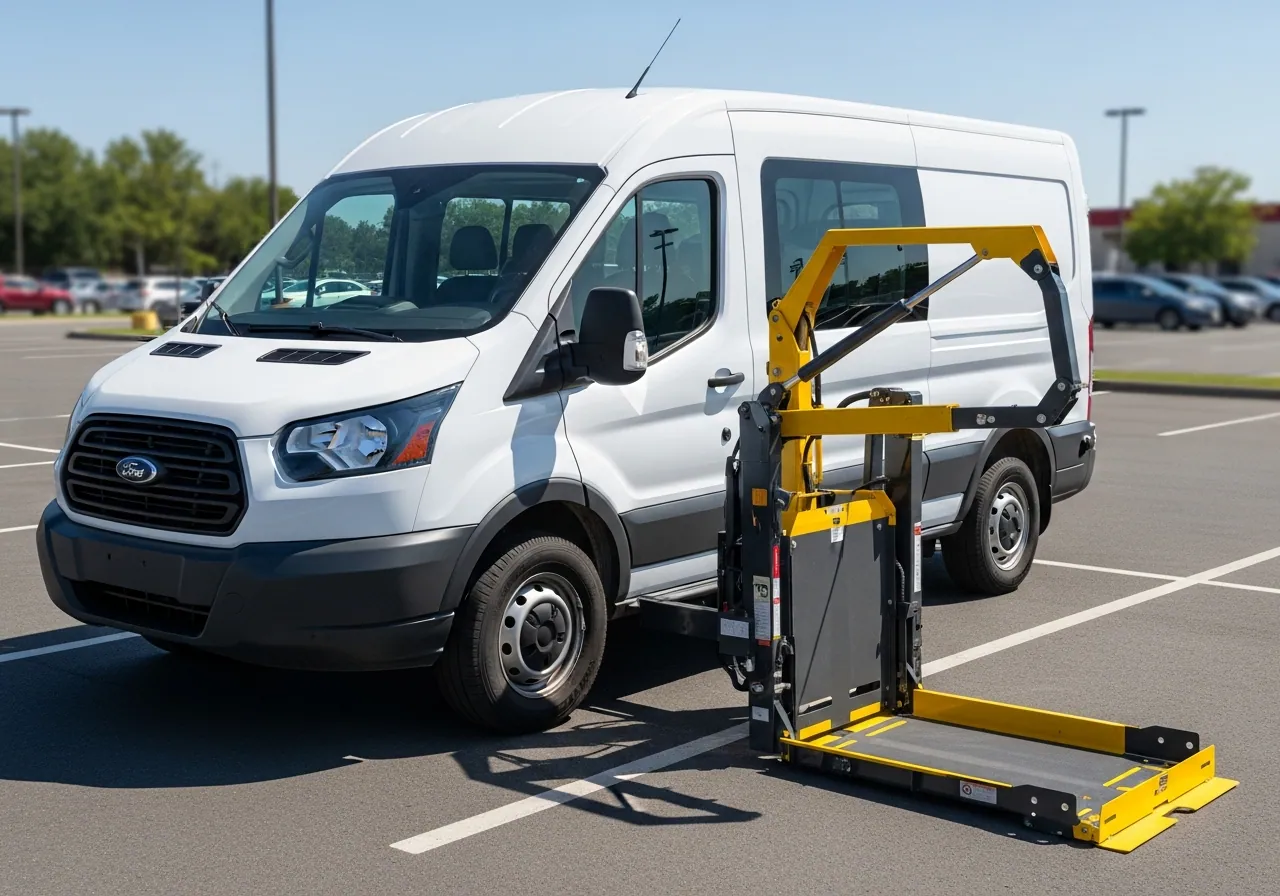 White van with its yellow wheelchair lift lowered